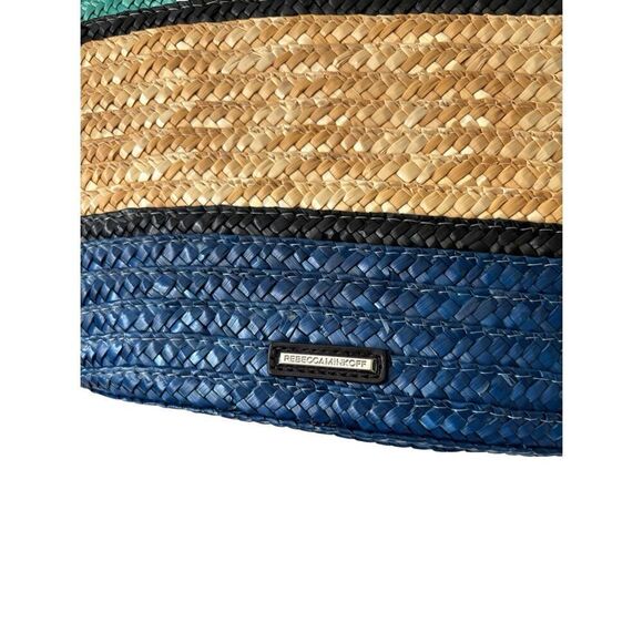 Rebecca Minkoff Woven Straw Tote Shoulder Bag Tan Blue Teal - Picture 14 of 15